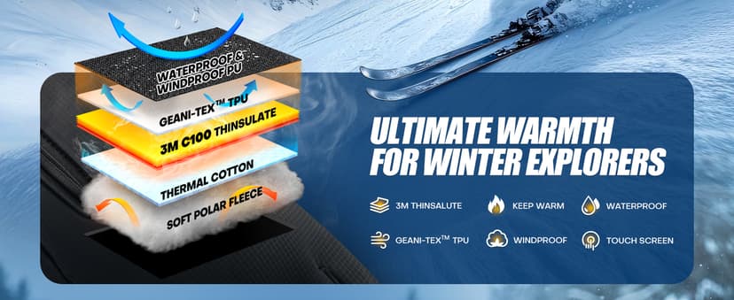 UMEWARM Winter Gloves Men Women Made with 3M Thinsalute, -20°F GEANI-TEX™ Waterproof Ski Gloves for Cold Weather, 5-Layer Thermal Snow Gloves, 10 Touchscreen Fingers Snowboard gloves for Cycling, Hiking