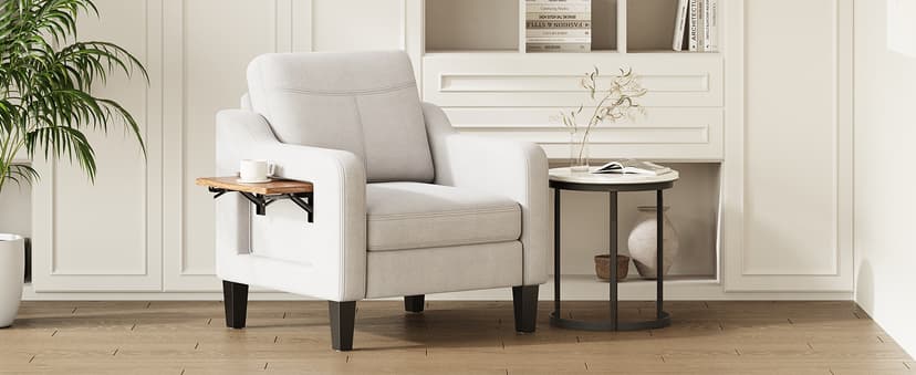 Accent Chair for Living Room Modern Linen Upholstered Armchair Side Wooden Fabric Sofa Chair with Foldable Table 2 Side Pockets Comfy Reading Chair for Bedroom