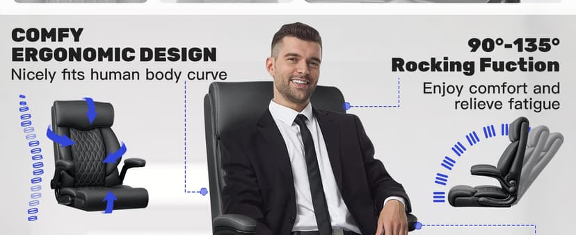 High Back Executive Office Chair - Ergonomic Computer Desk with Rocking Function, Leather Managerial with Adjustable Flip-Up Armrests and Lumbar Support