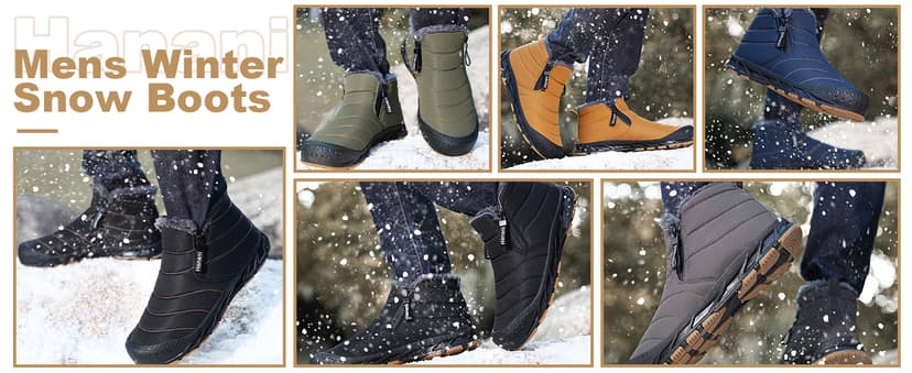 Hanani Mens Snow Boots Waterproof Winter Boots for Men Fur Lined Warm Ankle Boots Zipper Closure Slip on Outdoor Boot Comfortable Walking Shoes