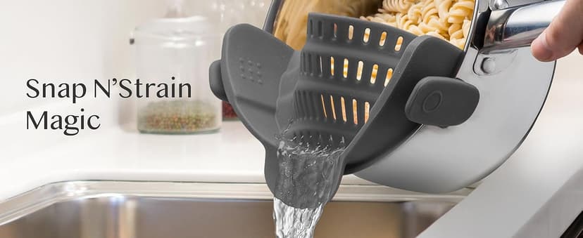 Kitchen Gizmo Snap N' Strain - Silicone Pasta Strainer Clip-On for Pots and Pans - Heat Resistant Colander for Vegetables and Noodles - Kitchen Gadgets for Cooking - Space-Saving Design - Gray