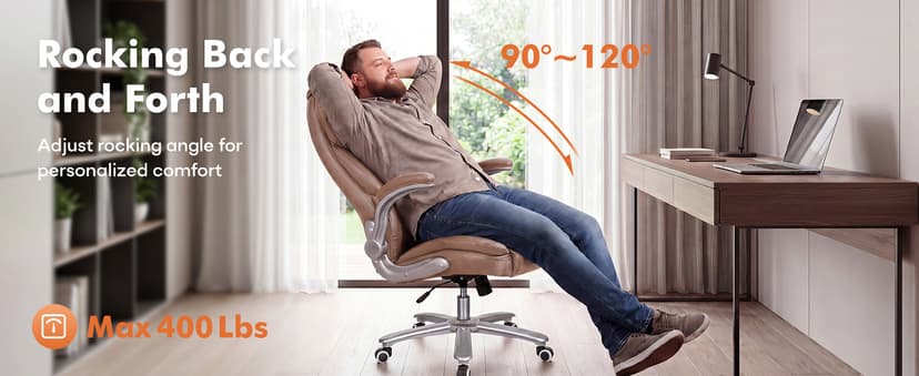 GYI Big and Tall Office Chair 400lb Wide Seat, Ergonomic High Back Leather Executive Desk Chair with Flip-up Arms, Brown