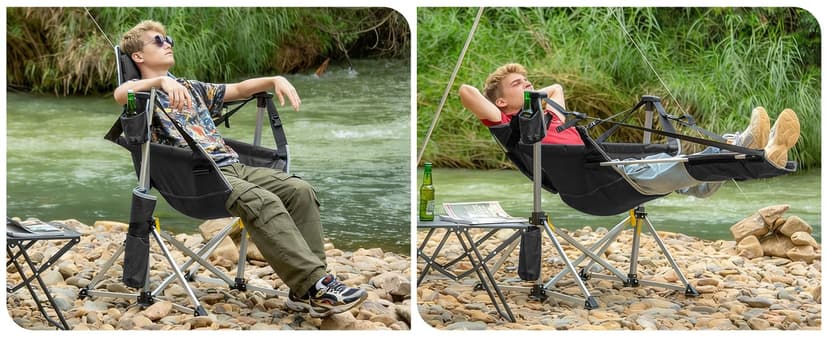 Romswi 2-Pack Aluminum Hammock Chair with Footrest, Oversized Portable Folding Swinging Chair with Adjustable Back & Seat, Lightweight Rocking Camp Chair Supports 440lbs for Outdoor, Patio - Black