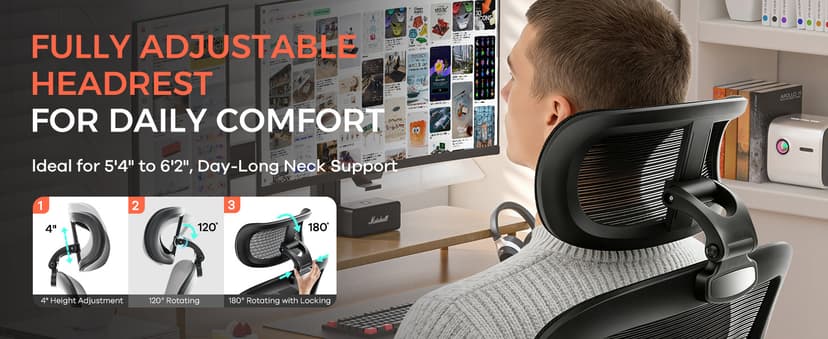 Office Chair,Ergonomic Office Desk Chair with 2D Adjustable Lumbar Support,3D Headrest,2D Arms,330LBS High Back Mesh Computer Home Office Chairs Rolling Tilting Swivel Executive Chairs Black