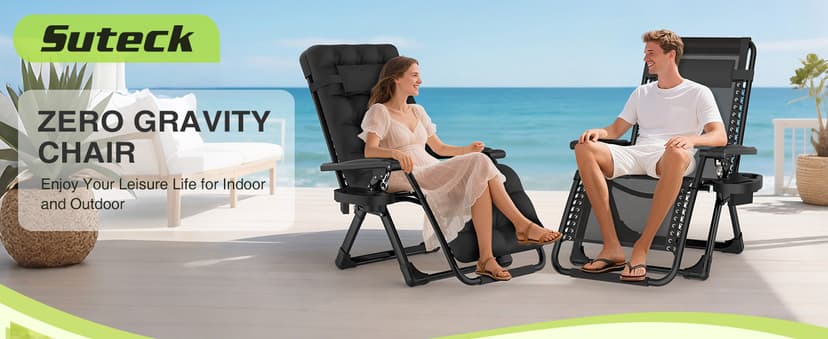 Suteck Zero Gravity Chair, Reclining Camping Lounge Chair w/Removable Cushion, Upgraded Lock and Cup Holder, Reclining Patio Chairs Folding Recliner for Indoor and Outdoor