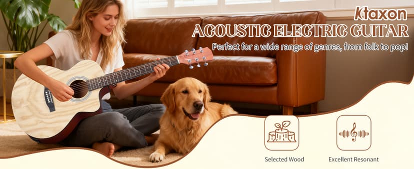 Ktaxon 41 Inch Cutaway Acoustic Electric Guitar, Full Size Manchurian Ash Body Beginner Guitars Kit with 15W Amp, Extra Strings & Capo Includes All Accessories (Natural)