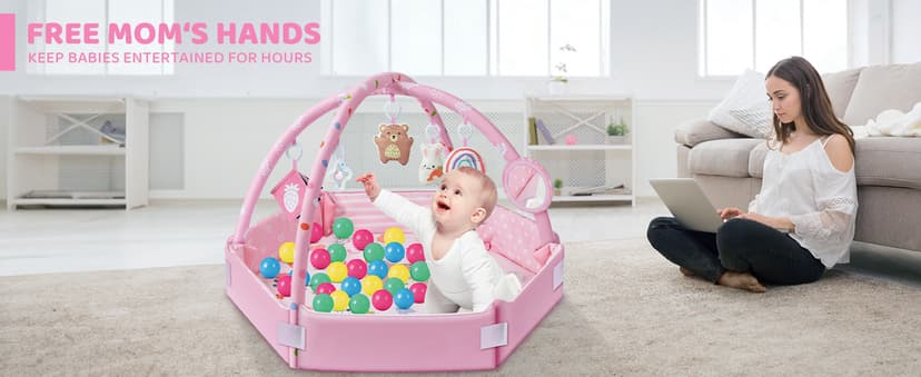 Baby Gym Play Mat, 8-in-1 Tummy Time Mat & Ball Pit with 6 Toys, Washable Baby Activity Mat for Visual, Hearing, Sensory, Motor Development, Babies Gift for Newborn Infant 0-3-6-9-12 Months (Pink)
