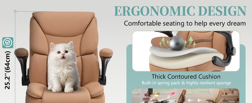 Ergonomic Drafting Chair, Tall Office Chair for Standing Desk, High Back Standing Desk Chair with Flip-Up Armrest, Adjustable Height&Foot Ring, Executive PU Leather Extended Height Office Chairs,Brown