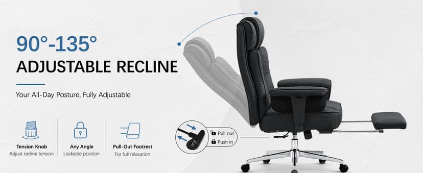 Office Desk Chair, High-Back Big and Tall Leather Chair with Footrest, Ergonomic Reclining Computer Chairs, Comfy Executive Wide Chair with Lumbar Support, Adjustable Padded Armrests, 400LBS (Black)