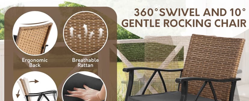 5-Piece Patio Dining Set for 4,Outdoor Dining Set with Wicker Swivel Patio Dining Chairs with Cushions & 1 Black Square Woodgrain Dining Table with 1.75”Market Umbrella Hole, Black & Brown