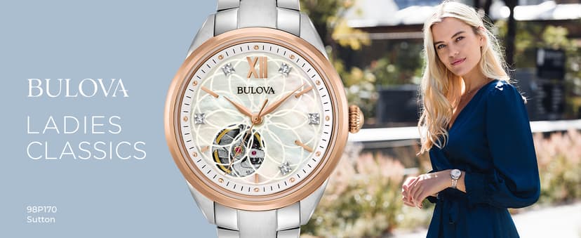 Bulova Ladies' Classic Diamond 3-Hand Automatic in Stainless Steel, Mother-of-Pearl Dial and Open Aperture Dial