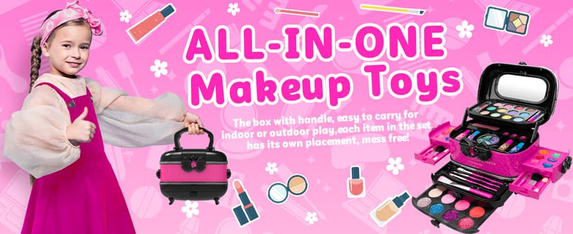 Hollyhi 58 Pcs Kids Makeup Kit for Girl, Princess Toys Real Washable Cosmetic Set with Mirror, Kids Makeup Sets for Girls, Play Make Up Birthday Gifts for 3 4 5 6 7 8 9 10 11 12 Years Old Kid (Rose)