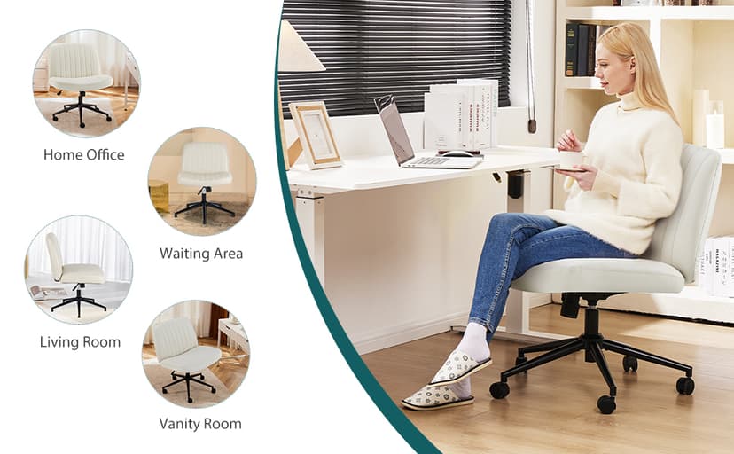 OLIXIS Criss Cross Chair with Wheels Wide Cross Legged Office Desk Vanity Chair Comfy Fabric Armless Adjustable Swivel for Home Computer Task PU Beige