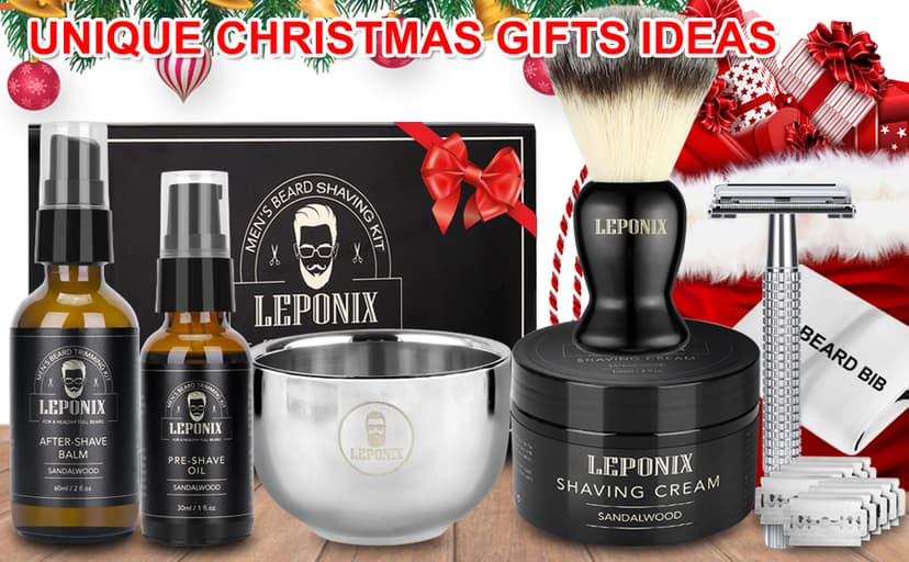 Shaving Kit for Men, Include Safety Razor, Sandalwood Cream, Aftershave, Pre Shave Oil, Shaving Brush and Bowl, Shaving Apron Bib -Unique Gifts for Him Stocking Stuffers