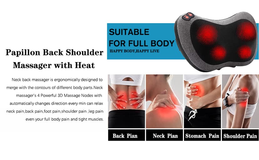 Papillon Shiatsu Back Massager with Heat,Fathers Day Dad Gifts for Men, Dad, Deep Tissue Massage for Neck, Shoulder, Upper & Lower Back Pain Relief, Electric Kneading 3D Massage Pillow (Gray)