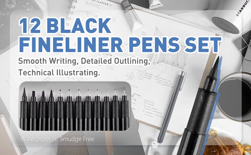 YISAN Drawing Art Pens,Micro Fineliner Pens,Fine Tip Manga Markers for Artist Sketch Technical,Black,12 Set,902195