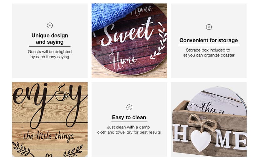 Wooden Coasters for Drink with Holder, 4'', Funny Home Decoration for Family Coffee Bar Table Protection, New Home Gift Ideas Queekay House Warming Gifts New Home Farmhouse Coasters Set of 6, Mixed B0BRSGRGBG