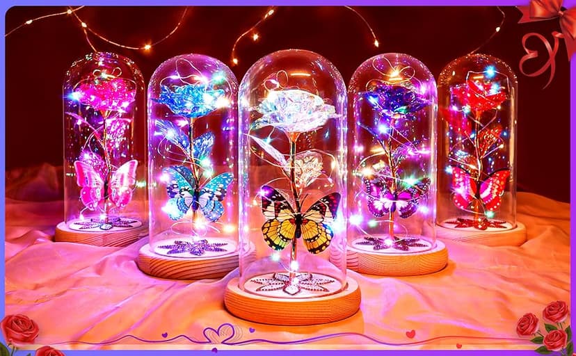 Beferr Christmas Rose Gifts for Women Mom Birthday Gifts, Galaxy Glass Rose Forever Preserved Flowers for Delivery Prime Light Up Rose in Glass Dome with Butterfly Xmas Gifts for Grandma Her Wife