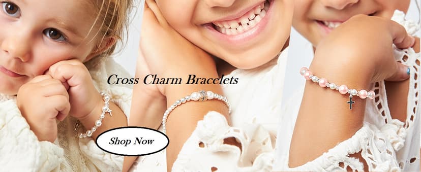 Baby Crystals Pearl Bracelets for Girls, Sterling Silver Cross Charm, Baptism Gifts for Girl, Baby Bracelet with Simulated White Pearls and Crystals, Girls Jewelry Birthday Gift