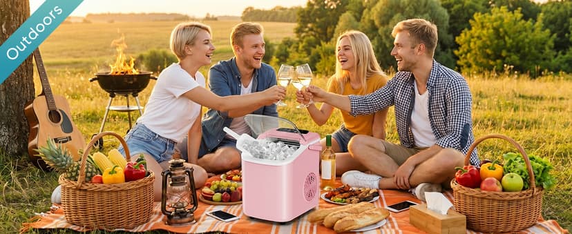 DUMOS Ice Maker Countertop, Ice Machine with Portable Handle, Basket and Scoop, 26lbs Daily, 9 Bullet Cubes in 6~8 Mins, Auto-Cleaning for Home, Kitchen, Office, Outdoors, RV Camping