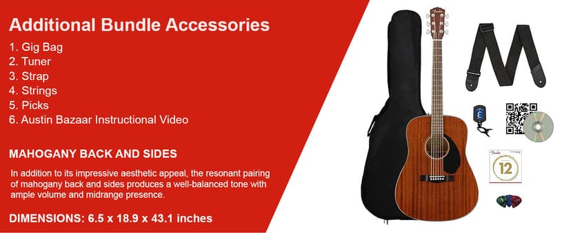 Fender CD-60S Solid Top Dreadnought Acoustic Guitar - All Mahogany Bundle with Gig Bag, Tuner, Strap, Strings, Picks, and Austin Bazaar Instructional DVD
