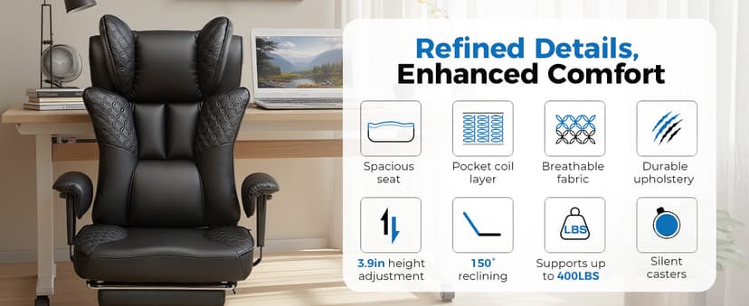 GTPLAYER Big and Tall Office Chair Wide Ergonomic Gaming Chair with Deluxe Embossing Designed Leather with Foot Rest,150°Reclining Adjustable Soft Armrests Pocket Spring Back Support and Pillow