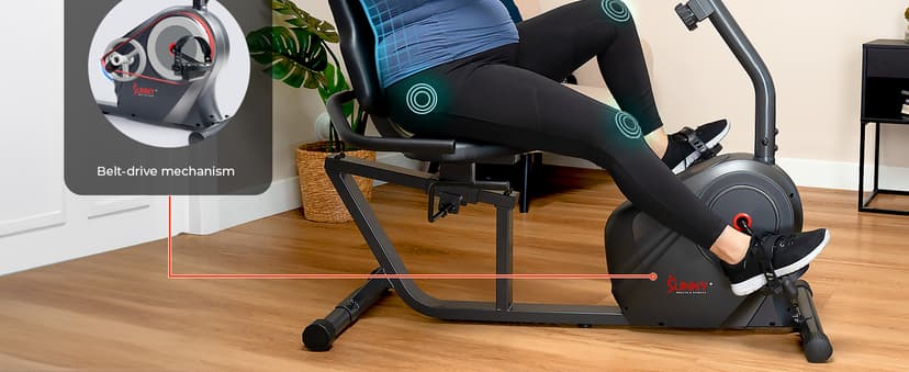 Sunny Health & Fitness Smart Heavy-Duty Recumbent Bike w/Wide Cushioned Seat & Back, Indoor Cycling Machine for Adult/Seniors Home Exercise, Free SunnyFit App Connect, Optional Workout Training Bands