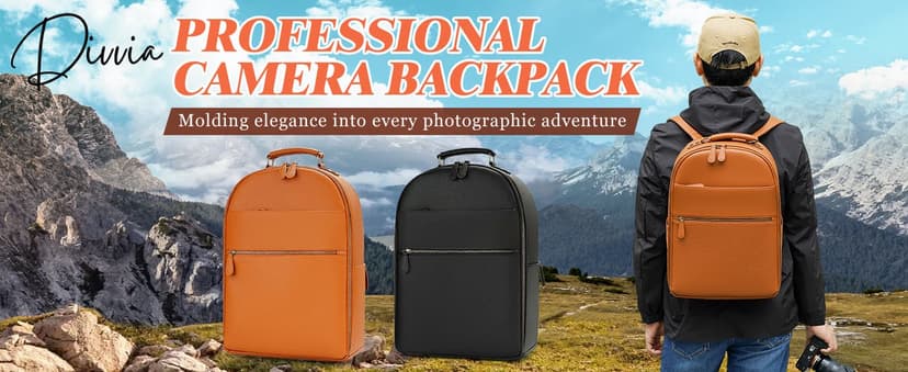 Divvia Camera Backpack Classic PU Leather with 15 Inch Laptop Compartment, Professional Camera Bag for Photographers for DSLR Large 20L