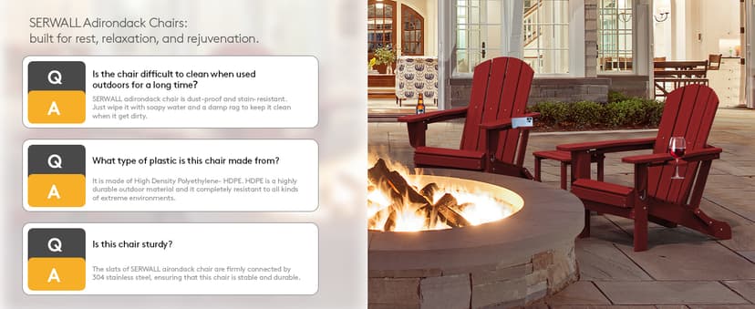 SERWALL Adirondack Chair with Cup Holders - Composite Adirondack Chairs Set of 2 HDPE Outdoor Chairs All Weather Use- Dark Red