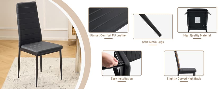 Karl home Dining Chairs Set of 4, PU Leather Balck Kitchen Chairs with Padded High Back & Foot Cap Protection for Dining Kitchen Living Room,300lbs Capacity,Space-Saving