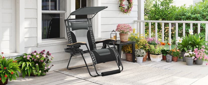 Yaheetech 29in Zero Gravity Chair, Adjustable Patio Padded Anti Gravity Recliner Foldable Outdoor Lounger with Cup Holder Tray, Canopy Shade and Headrest for Beach Camping Gray/Black/1