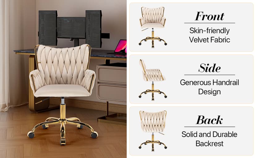 KCC Modern Velvet Home Office Desk Chair with Hand Woven Backrest, Upholstered Adjustable Makeup Vanity Chair with Armrest and Golden Metal Base with Wheels for Living Room Bedroom Study(Beige)
