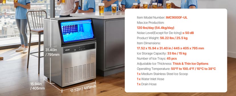 VEVOR Commercial Ice Maker Machine, 120 lbs/24H Ice Production, 33 lbs Storage Bin, 45 Cubes per Cycle, Stainless Steel Under Counter & Freestanding Ice Maker with LED Display, for Home Bar Restaurant