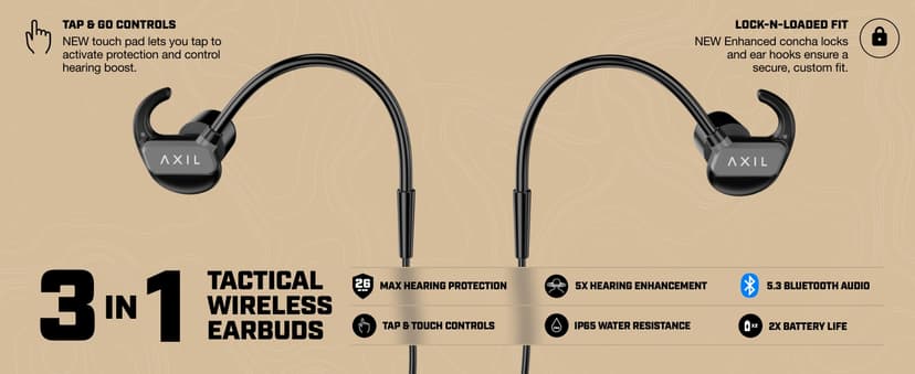 AXIL GS Extreme 3.0 Shooting Ear Protection – Desert Tan - Hearing Enhancement & Noise Isolation Bluetooth Earbuds – 5X Hearing Protection for Shooting, Travel, Work and Concerts