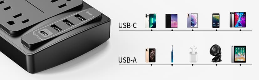 Surge Protector Power Strip - Nuetsa Flat Plug Extension Cord with 8 Outlets and 4 USB Ports, 6 Feet Power Cord (1625W/13A), 2700 Joules, ETL Listed, Black