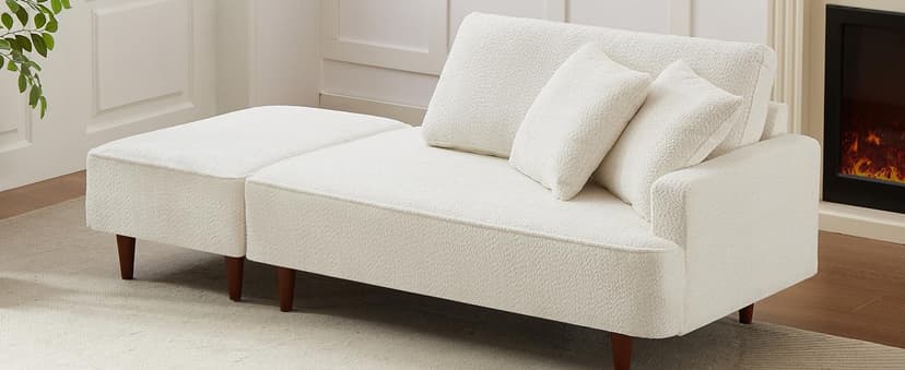 Upholstered Chaise Lounge Chair Indoor with Ottoman Boucle Chaise Lounge Fluffy Reading Chairs for Office Living Room Bedroom Relaxing (Boucle Biege)