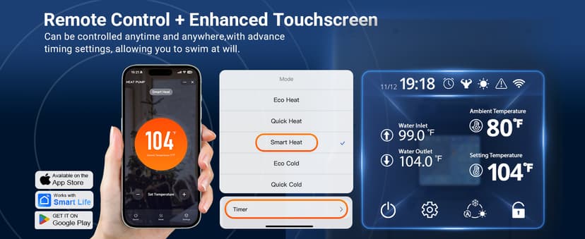 58000 BTU Inverter Swimming Pool Heat Pump, 17000 Gallon Electric Pool Heater Above and Inground Pool,WiFi App Control, Pool Heater 220V/60Hz