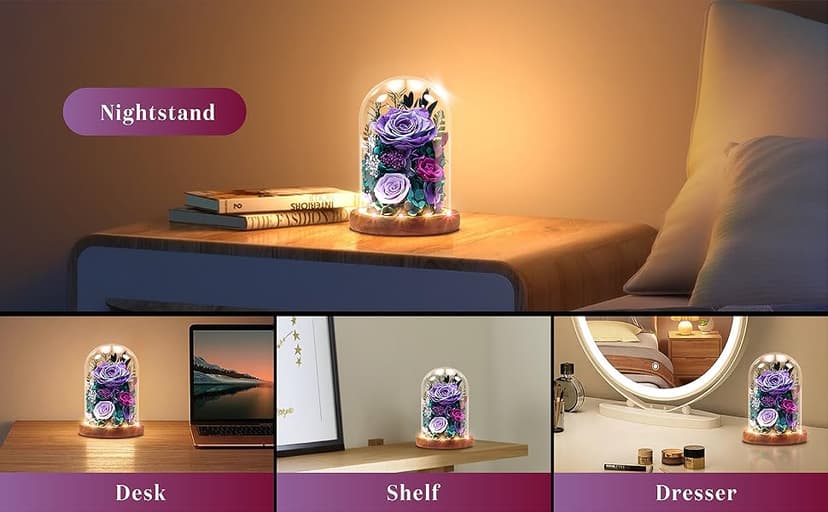Dsuto Forever Fresh Flowers Bouquet in Glass Dome with Light, Preserved Purple Roses Gifts for Women on Birthdays, Anniversaries, Christmas, Valentine’s Day & Mother’s Day