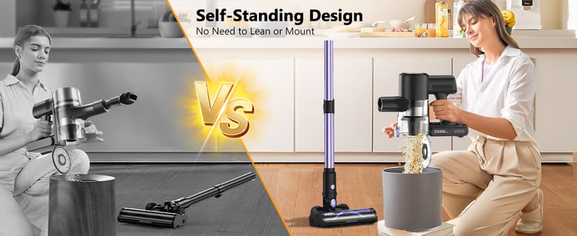 Cordless Vacuum Cleaner, 46KPa/500W Stick Vacuum with 55 Mins Runtime, Self-Standing Vacuum Cleaner for Home, LED Display, Anti-Tangle Brush, Rechargeable Vacuum for Hardwood Floor, Pet Hair (Violet)