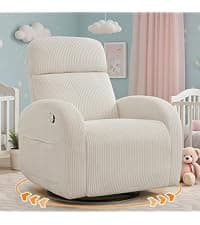 Rocking Recliner Nursery Chair, Swivel Recliner Glider for Nursery with 2 Pockets, Reclining Rocking Chair, Manual Recliners for Living Room, Bedroom, Cream White Chenille