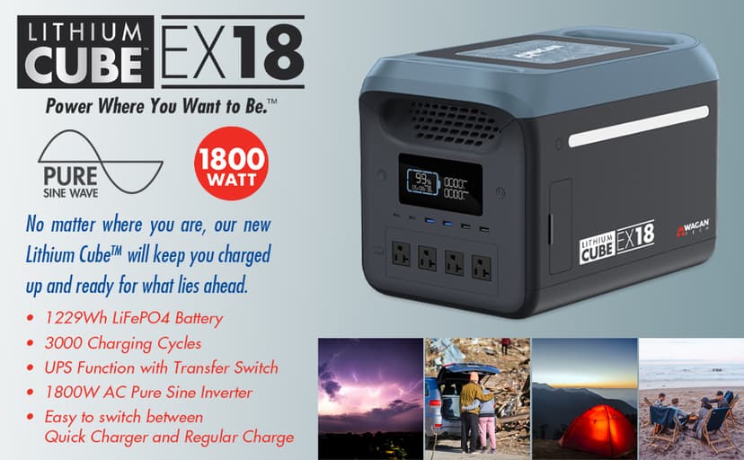 Wagan EL8840 Portable Power Station EX18 Lithium Cube Solar Generator 1229Wh LiFePO4 Battery Fast Charge 1800W 3000W peak AC 100W USB-C for Home Backup, Power Outages, Outdoor Camping, Off-grid