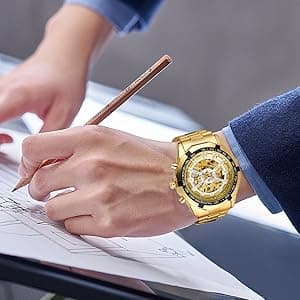 FANMIS Classic Mens Skeleton Automatic Mechanical Watches Luxury Carving Flower Craft Watch with Stainless Steel Waterproof Bracelet Wrist Watch