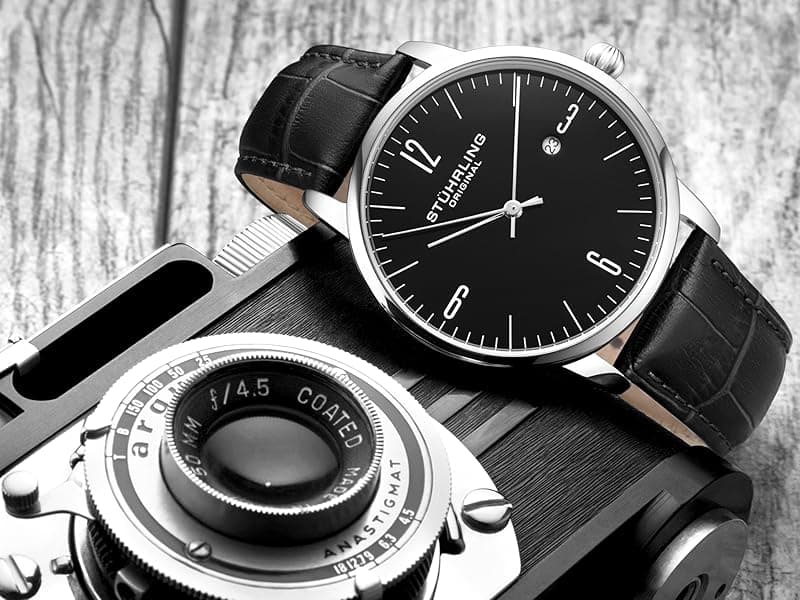 Stuhrling Original Men’s 40 mm Ultra-Slim Black Dial Dress Watch with Calfskin Leather Strap, Date Display – Minimalist Analog Wristwatch