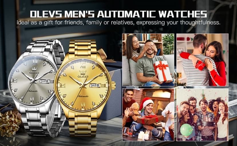 OLEVS Automatic Watches for Men Self Winding Mechanical Wristwatch Luxury Business Dress Stainless Steel Luminous Waterproof Calendar Mens Watch