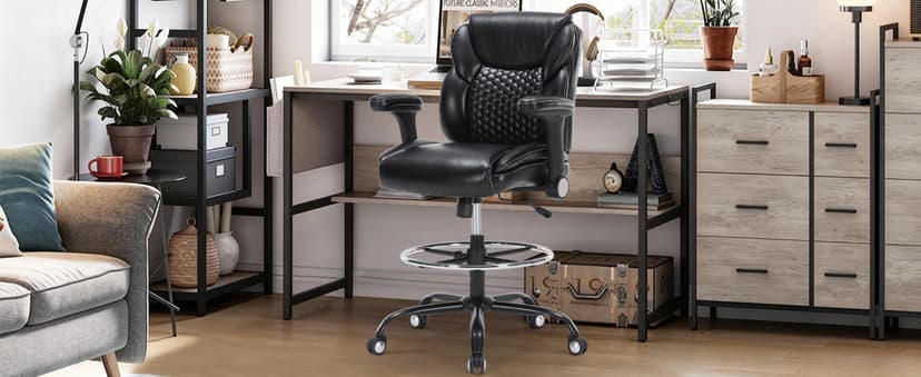 Drafting Chair, Tall Office Chair with Adjustable Armrests Mid-Back Standing Desk Chair with Footrest Ring, PU Leather High Executive Desk Chair Counter Height Office Chair for Home and Office, Black