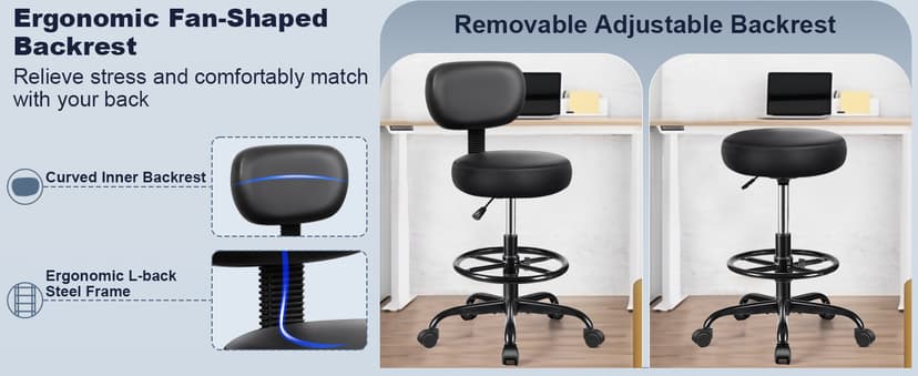 Brick Attic Drafting Chair with Backrest – Adjustable Foot Rest Rolling Stool with Wheels, PU Leather Swivel Stool for Office Spa Studio Lab Counter Salon Home Work Bar Kitchen Shop(Black)
