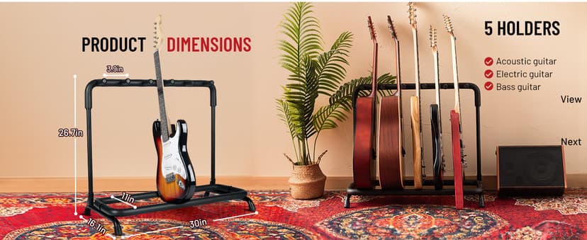 CAHAYA Multi Guitar Rack: Acoustic Guitar Display Rack 5 Holder Thick Padding Guitar Rack Holder Floor Stand for Classical Acoustic Electric Guitars and Bass CY0345