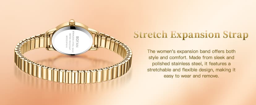 BOFAN Small Gold Watches for Women Easy Read Ladies Quartz Wrist Watch with Stainless Steel Expansion Band,Waterproof.
