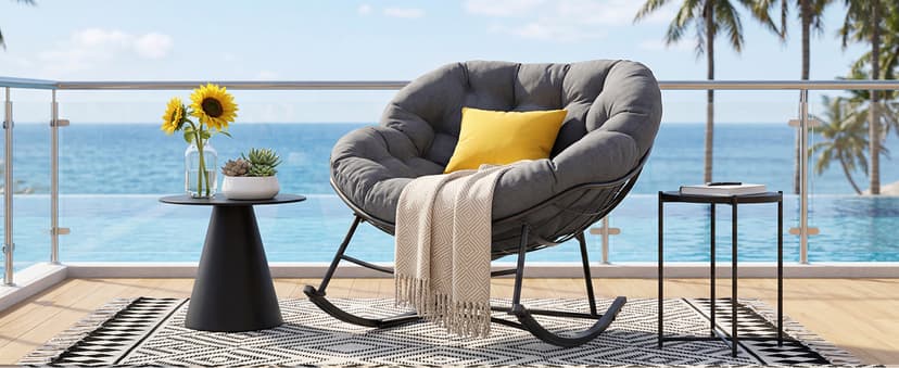 Outdoor Rocking Chair with 5.5" Thick Cushion, Oversized Egg Lounge Chair with Water-Repellent & UV-Resistant Fabric, 450 Lbs Heavy Duty for Patio, Living Room, Garden, Bedroom
