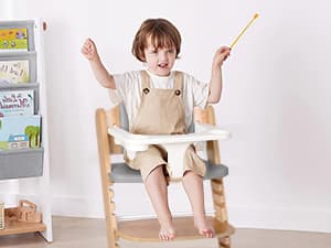 Cowiewie 3-in-1 Convertible Natural Wooden High Chair for Babies & Toddlers 3-Tier Remove & 2 Adjustable Wood Tray & 8 Levels Adjustable, 2 Waterproof Cozy Cushions Grey